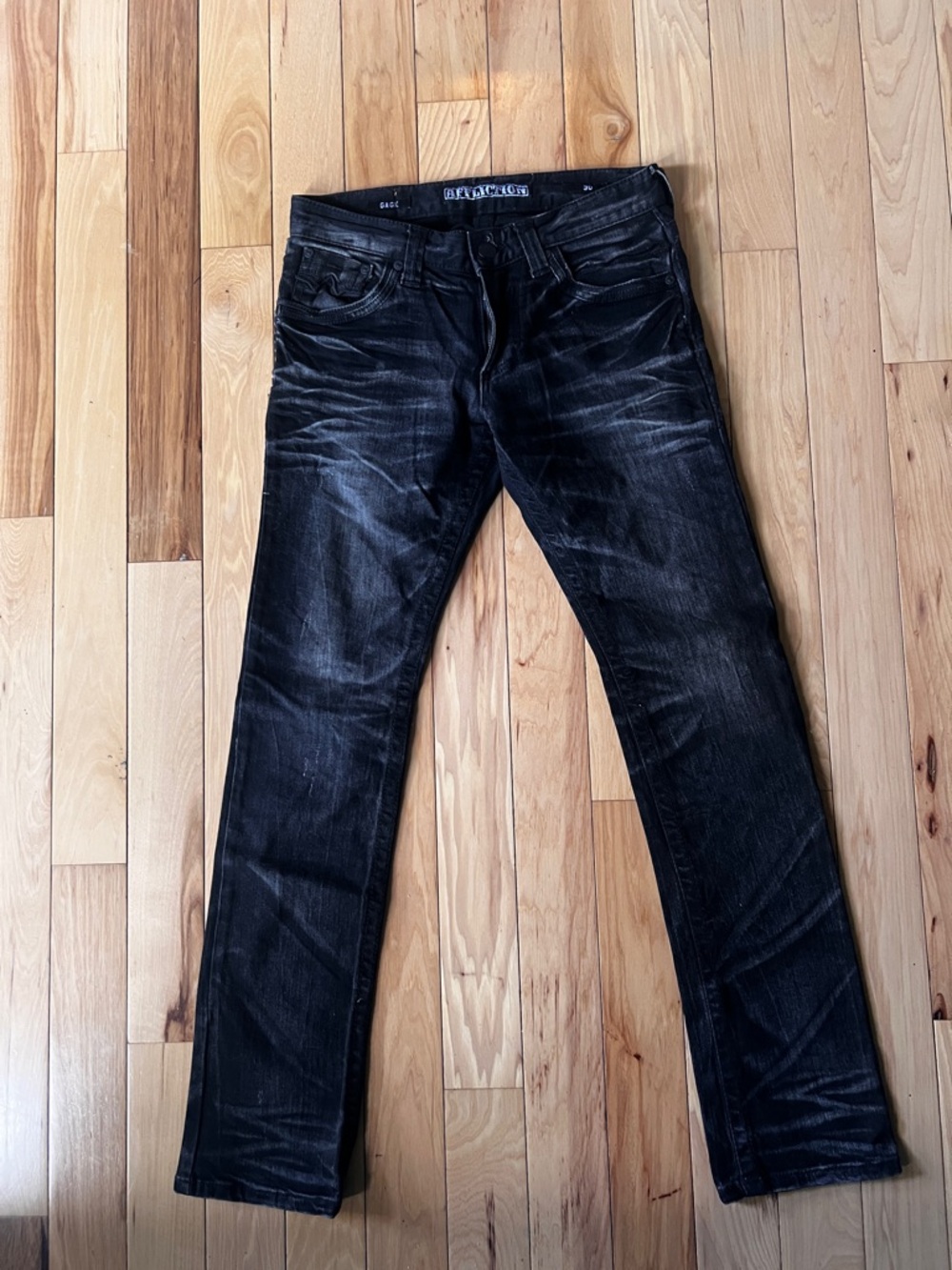 Affliction Black Premium Jeans Mens 30x32 Slim Straight Dark Wash Distressed